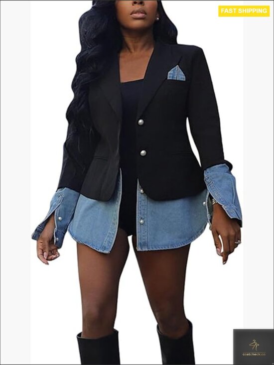 Jackets & Blazers - Denim Patchwork Blazer Slim Fit Business Casual Long Sleeve Lapel Jacket